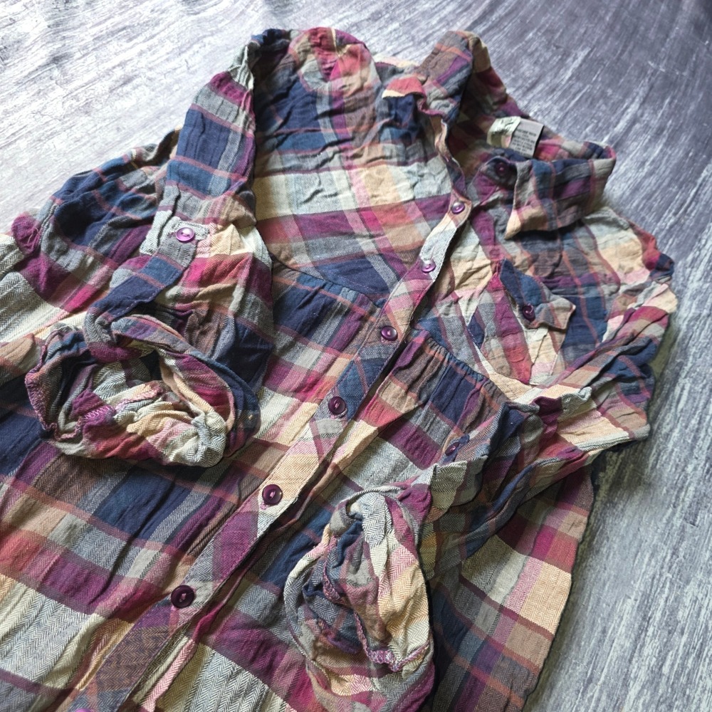 BKE Womens Plaid Button Down‎ Shirt Long Sleeve Casual Tunic Top Dress Size M